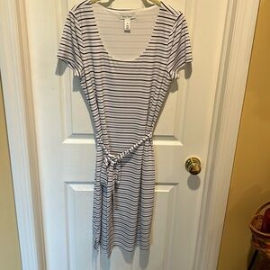 White House Black Market- belted dress white with thin black stripes